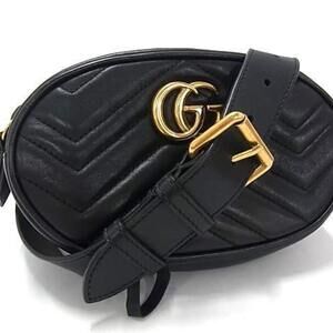 GUCCI Black Leather GG Marmont Shoulder Bag